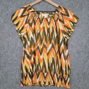 Michael Michael Kors Shirt‎ Womens Large Orange Green Ikat Peasant Smocked Hem